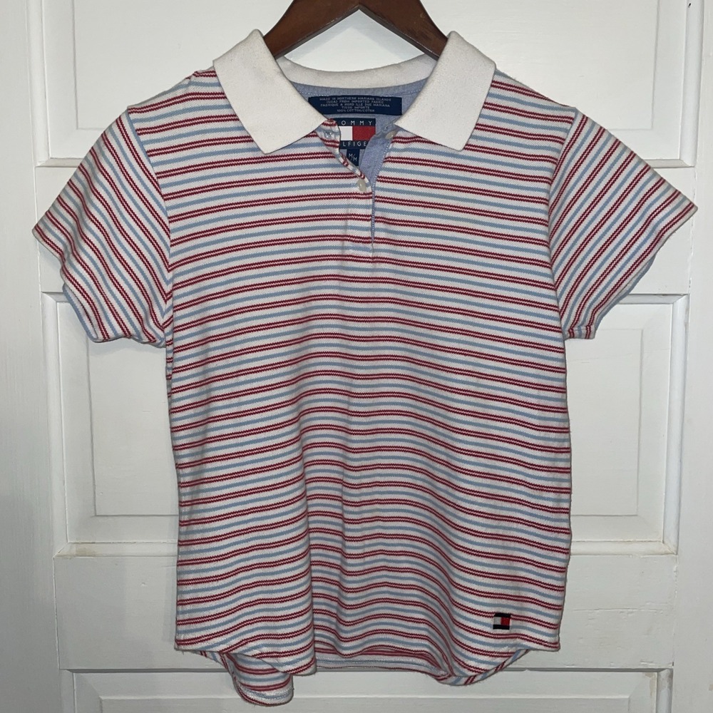 Tommyβ Hilfiger Y2K 00s Red Blue Baby Polo Collared Two Button Shirt Medium